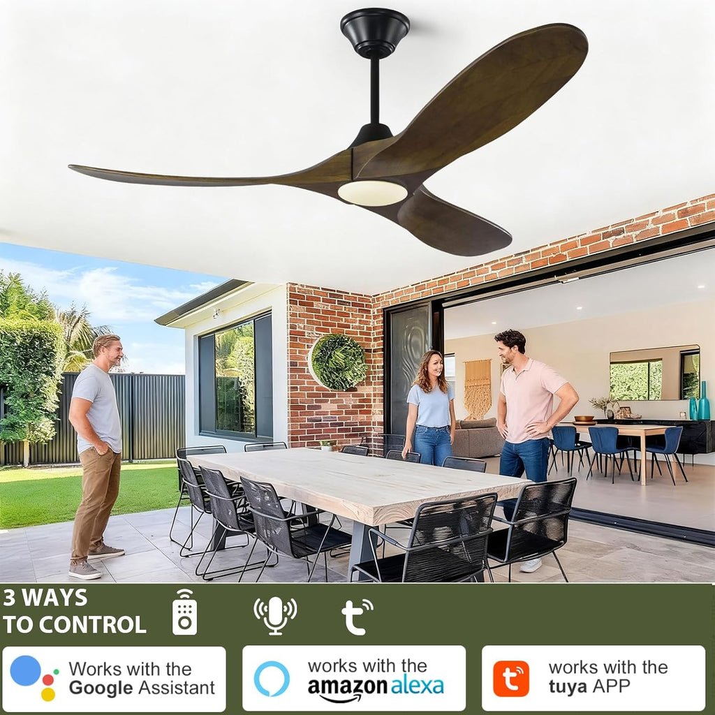 52 Inch Smart Outdoor Patio Ceiling Fan with Light Damp Rated, Rustic Farmhouse 3 Blades Propeller Wood Ceiling Fan with Alexa/Remote/App Control, Large airflow Quiet DC Motor for Indoor Exterior