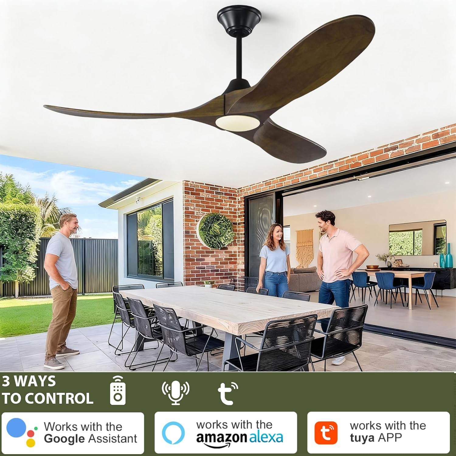 52 Inch Smart Outdoor Patio Ceiling Fan with Light Damp Rated, Rustic Farmhouse 3 Blades Propeller Wood Ceiling Fan with Alexa/Remote/App Control, Large airflow Quiet DC Motor for Indoor Exterior