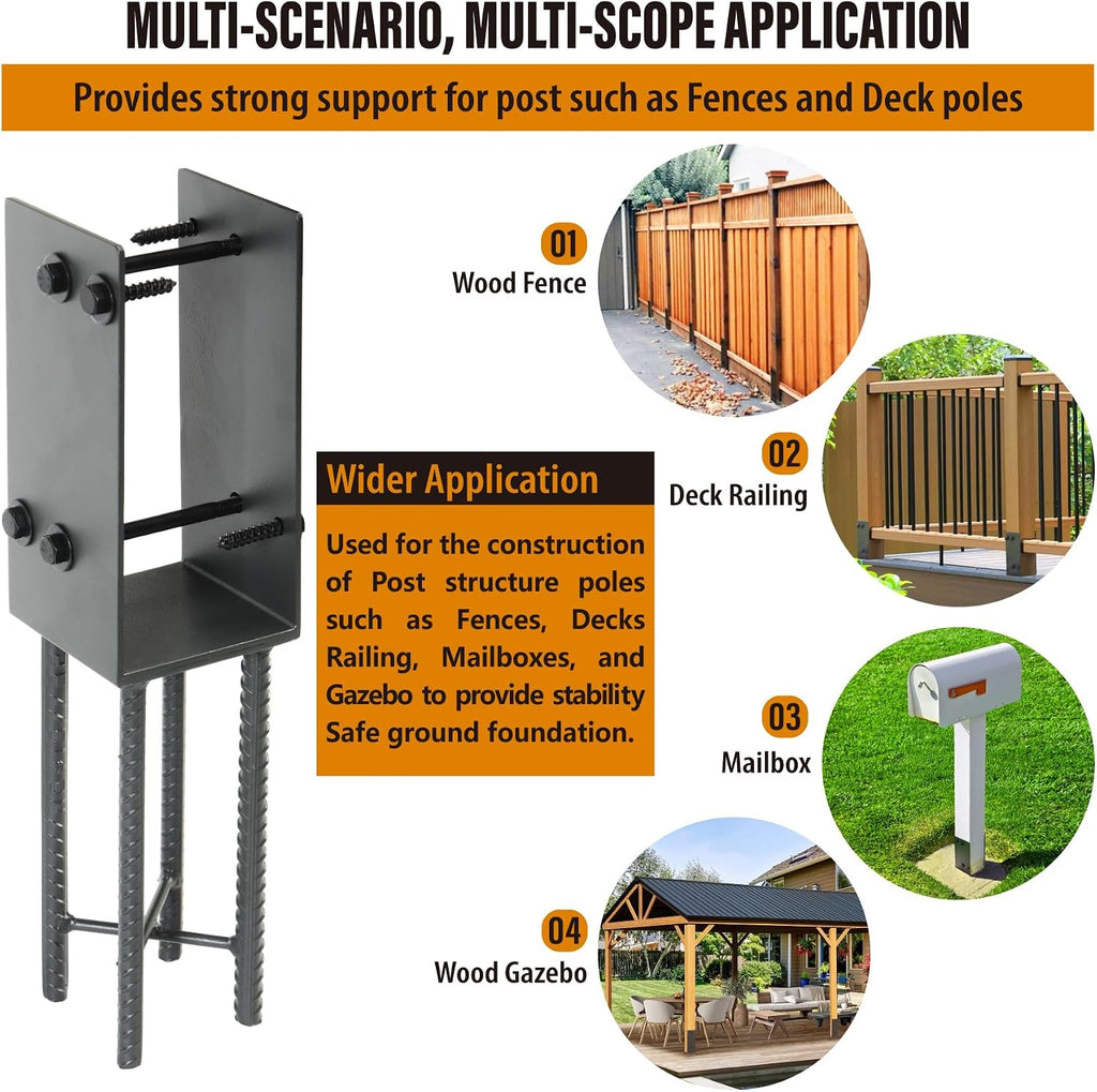 4 Pack Heavy Duty Stainless Steels U-Shape 4'x4'(Actual 3.5'x3.5') Wet Concrete Fence Post Holder, Psot Base, for Fence, Deck Railing, Pergola Wood Post Bracket Anchor (Dark Grey)