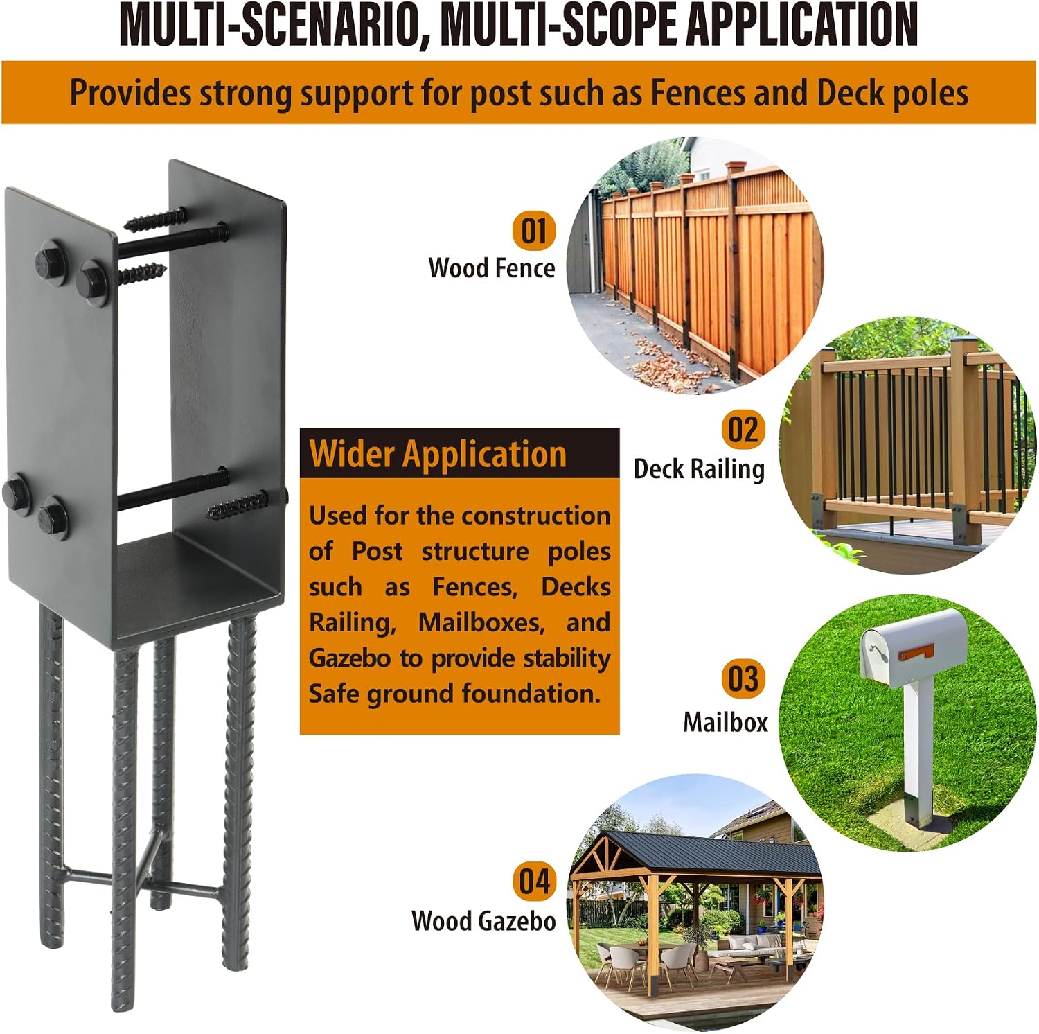 4 Pack Heavy Duty Stainless Steels U-Shape 4'x4'(Actual 3.5'x3.5') Wet Concrete Fence Post Holder, Psot Base, for Fence, Deck Railing, Pergola Wood Post Bracket Anchor (Dark Grey)