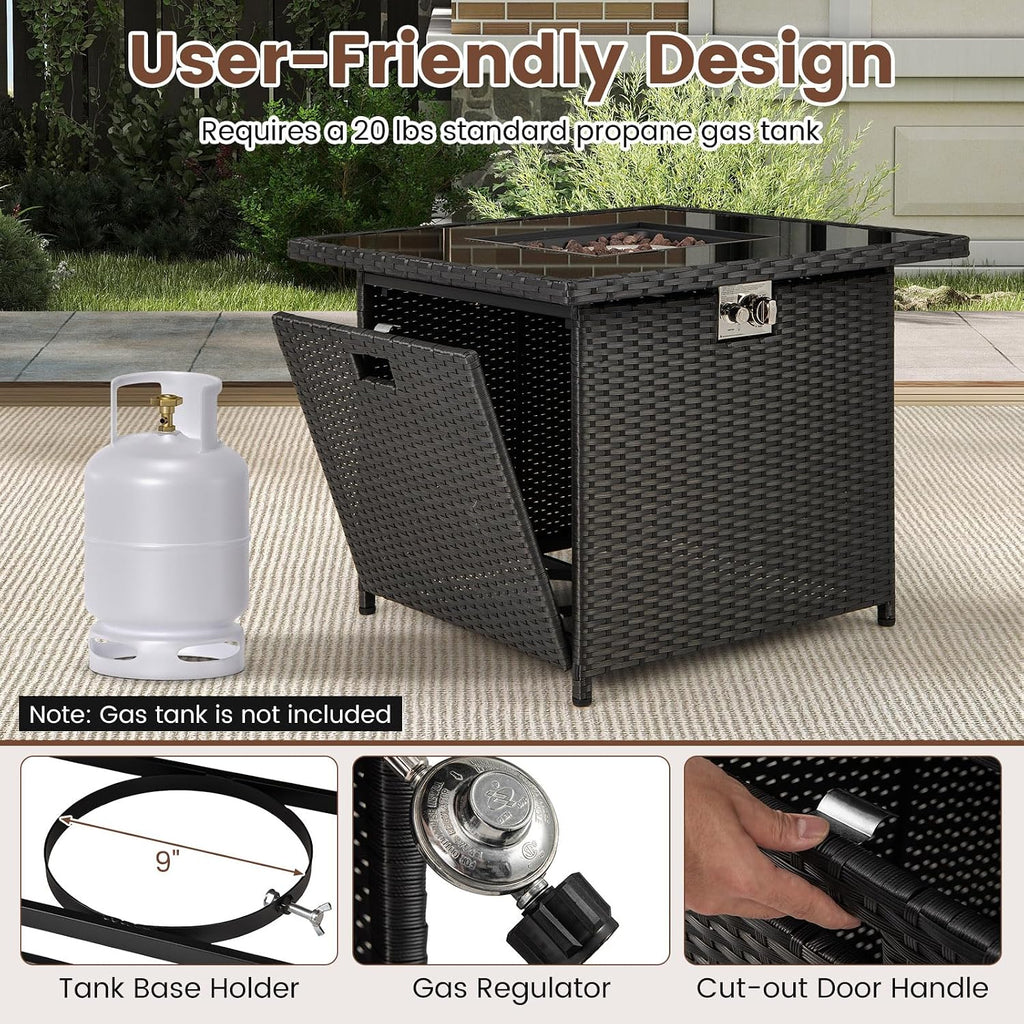 Tangkula 32.5 Inch Propane Fire Pit Table, Outdoor Rattan Gas Firepit with Tempered Glass Tabletop & Stainless Steel Burner, Square Fire Pit with Lava Rocks & Protective Cover for Outside Patio