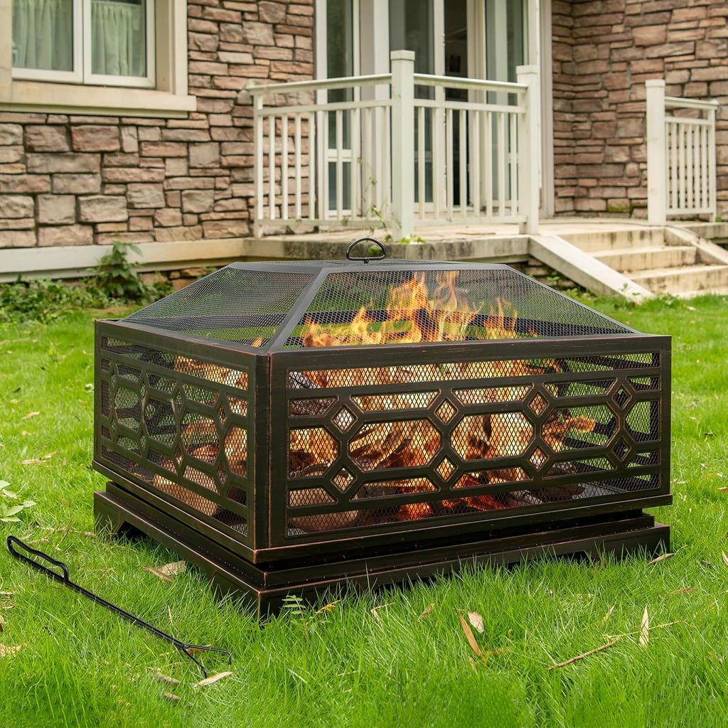 Florise Outdoor Fire Pit, 32 Inch Wood Burning Firepit for Outside with Mesh Cover & Fire Poker, Large Square Metal Fireplace for Patio, Backyard, Garden, Bonfire Party