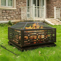 Florise Outdoor Fire Pit, 32 Inch Wood Burning Firepit for Outside with Mesh Cover & Fire Poker, Large Square Metal Fireplace for Patio, Backyard, Garden, Bonfire Party