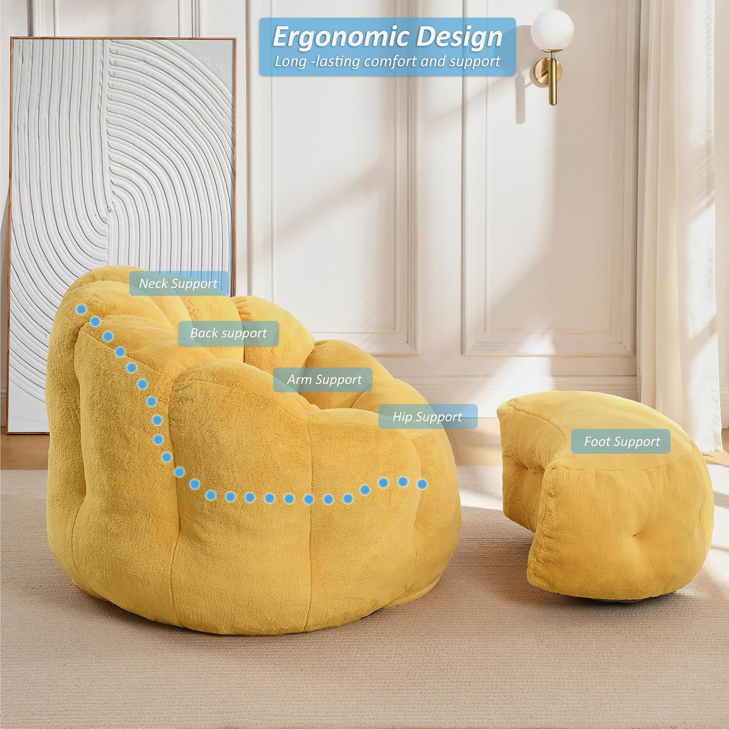 Bean Bag Chair with Ottoman, Flower Shape Bean Bag Chairs for Adults and Teens, Comfy Plush Faux Fur Bean Bags for Living Room, Bedroom, Apartment, Dorm, Yellow