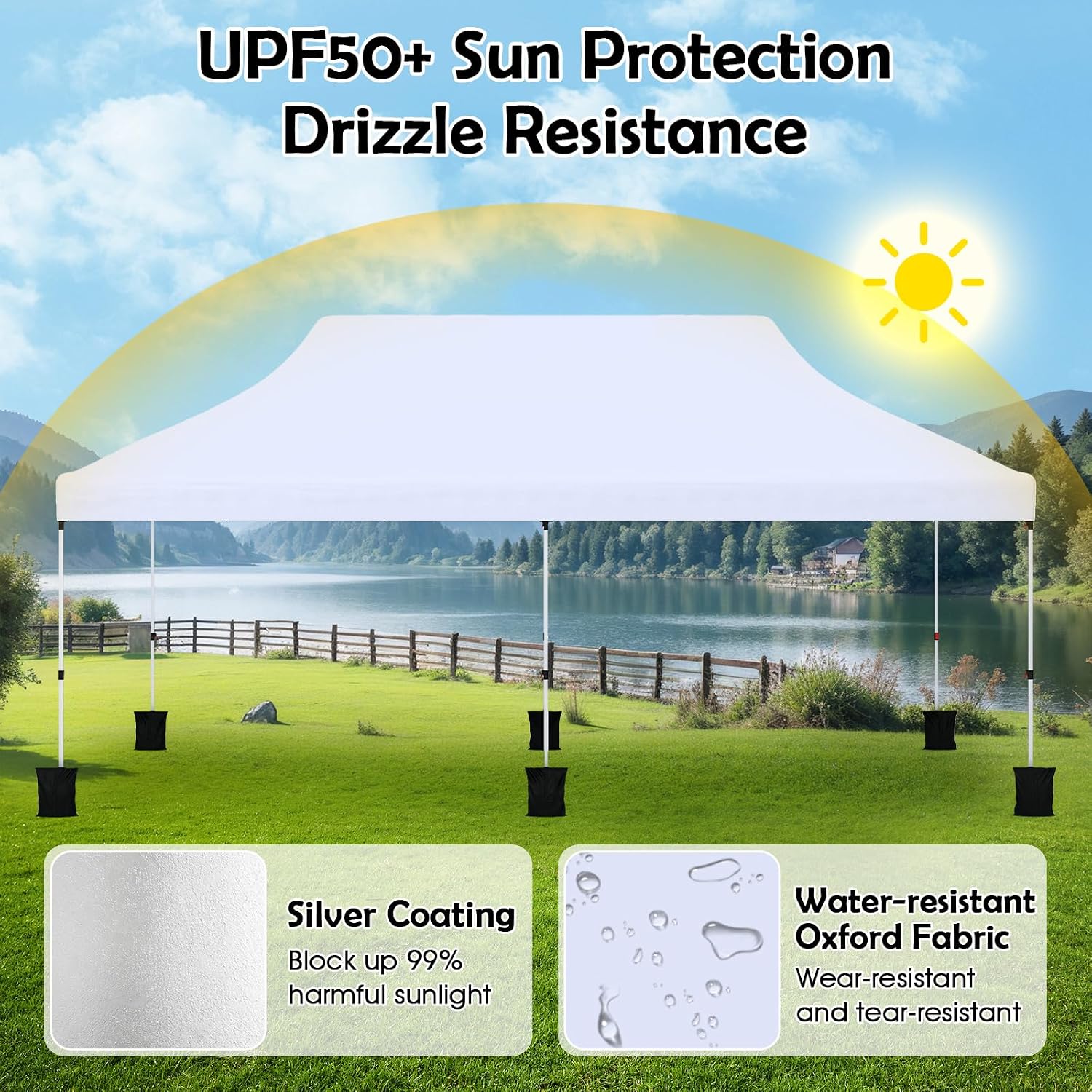 Tangkula 10x20 Ft Pop Up Canopy, Instant Setup Tent with 6 Sandbags, 12 Stakes & 6 Ropes, UPF 50+ Portable Outdoor Canopy Tent with Carrying Bag for Camp, Beach, Patio (White)