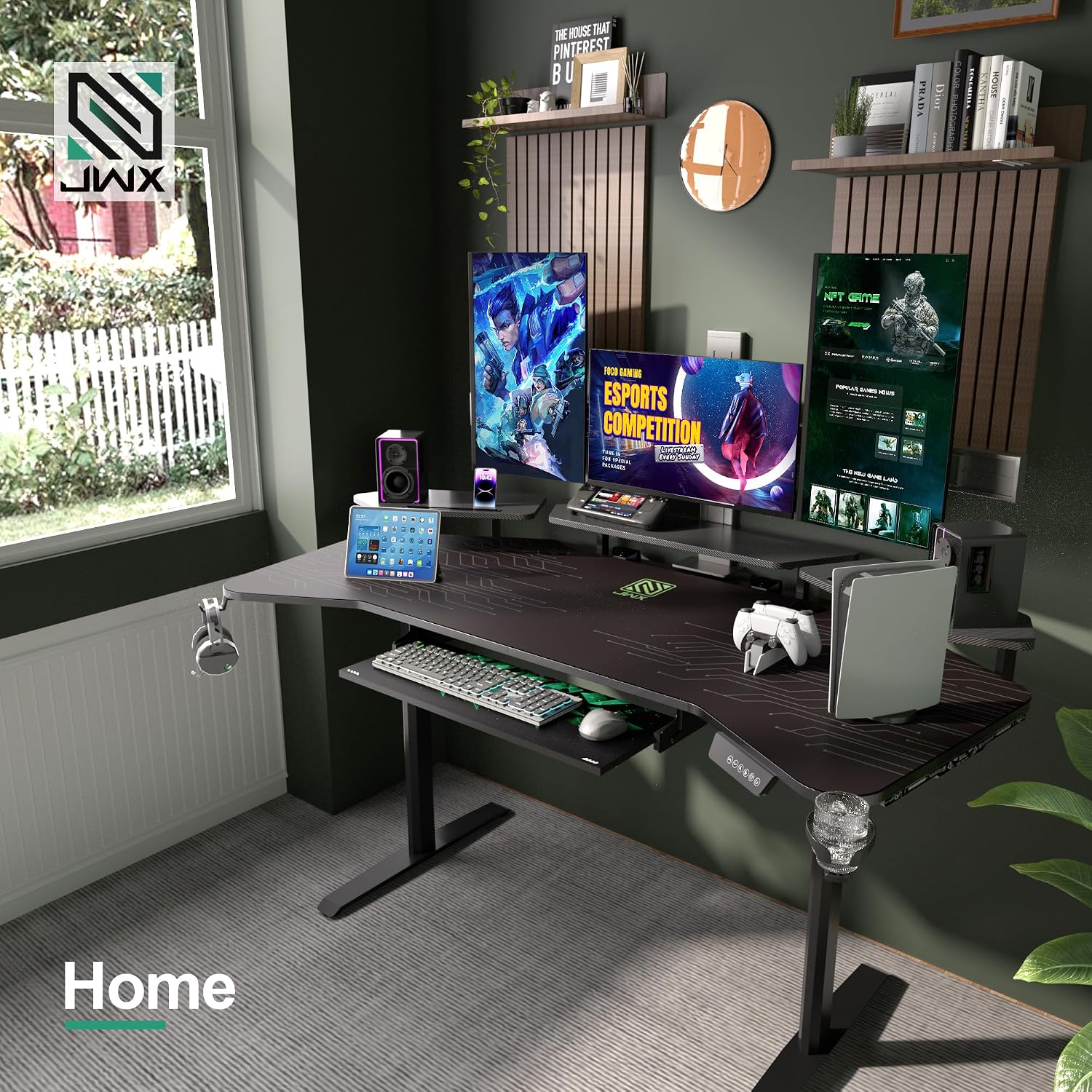 JWX 72' Height Adjustable Gaming Desk, 3-Zone Creator Workstation with Acrylic RGB Lighting, Keyboard Tray & Full Desk Mouse Pad, Dual Motor Sit Stand Desk for Streaming, Studio & Home Office