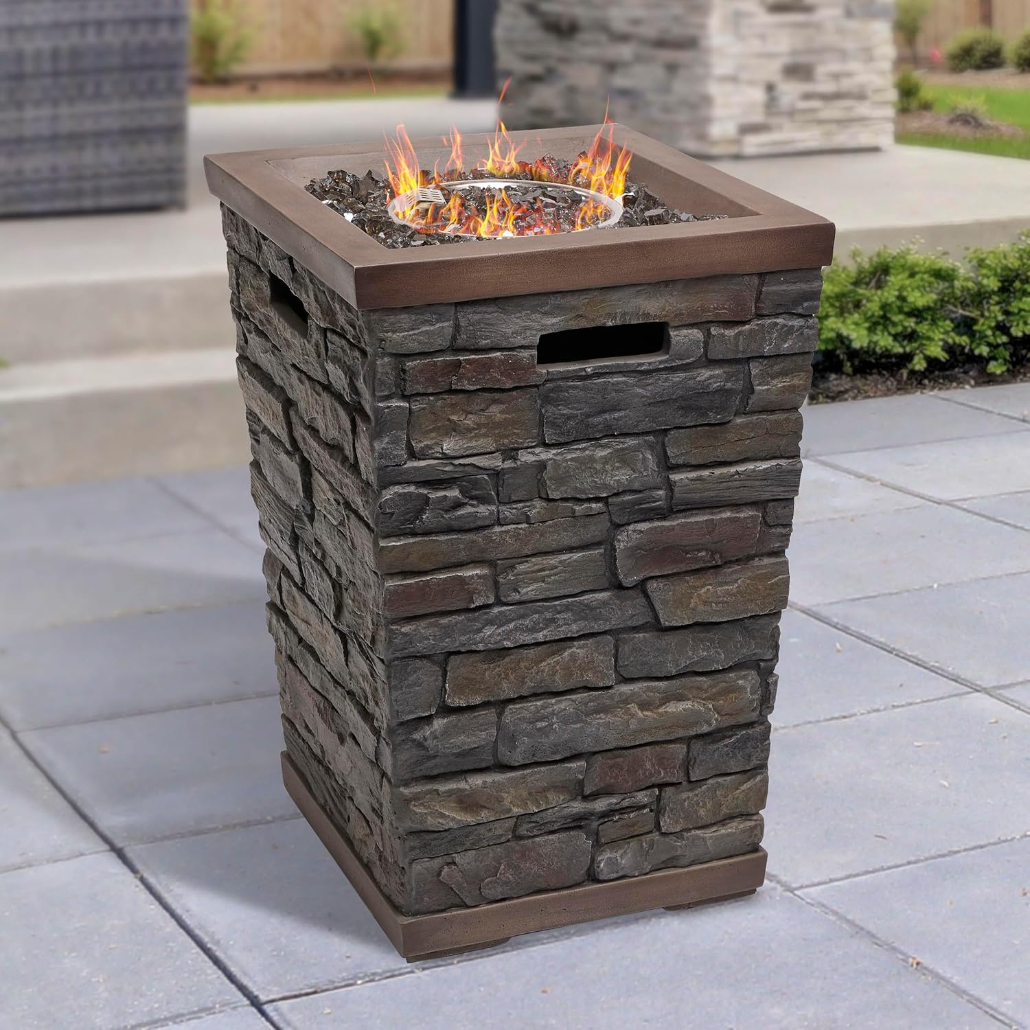 Alpine Corporation GXT966 Stone Look Column Gas Fire Pit with 32K BTU and Adjustable Flame, Cozy Patio Decor, 29' H, Multicolor