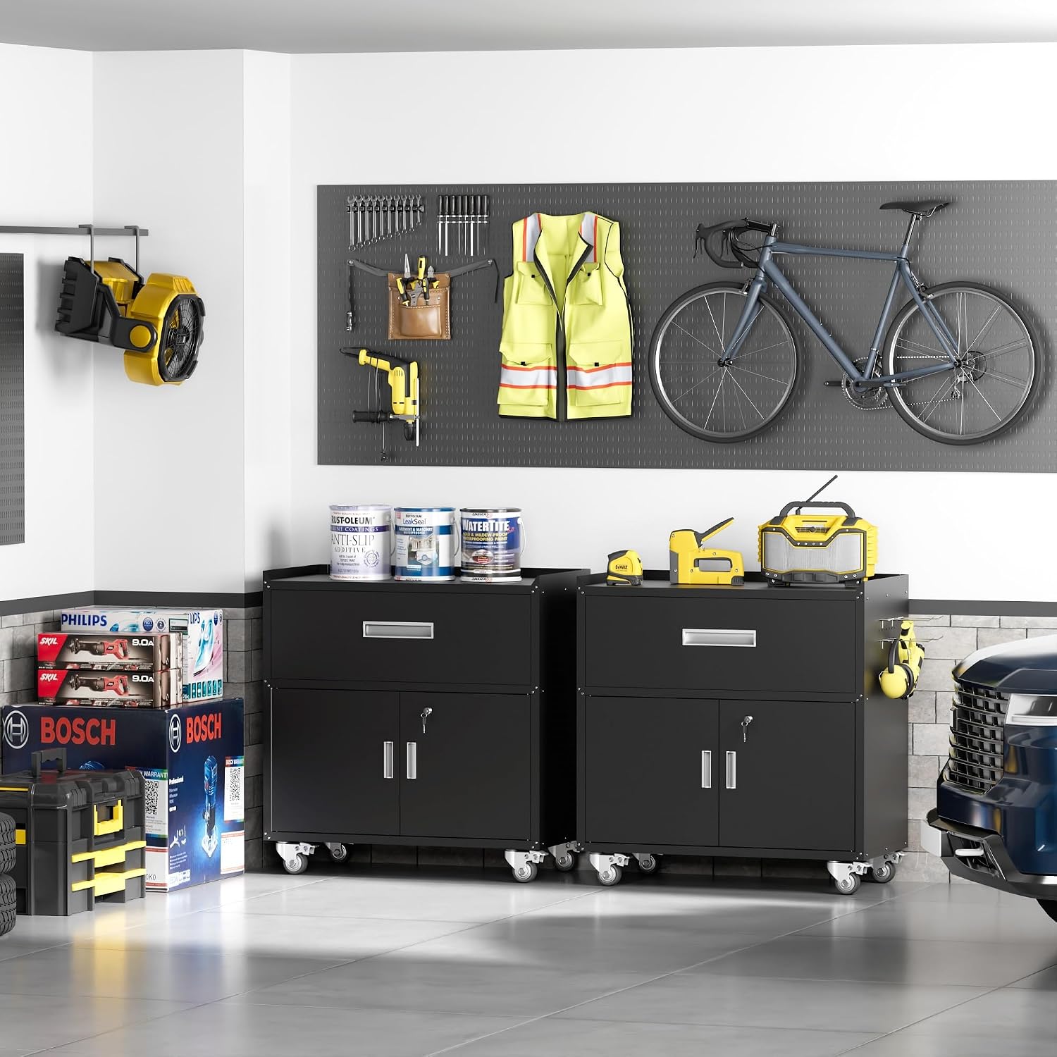 LCAOPC Metal Garage Storage Cabinet with Wheels, Lockable Rolling Tool Chest with Wheels, Tool Cabinet on Wheels, Metal Rolling Utility Cabinet for Home, Office, Garage and Workshop, Black