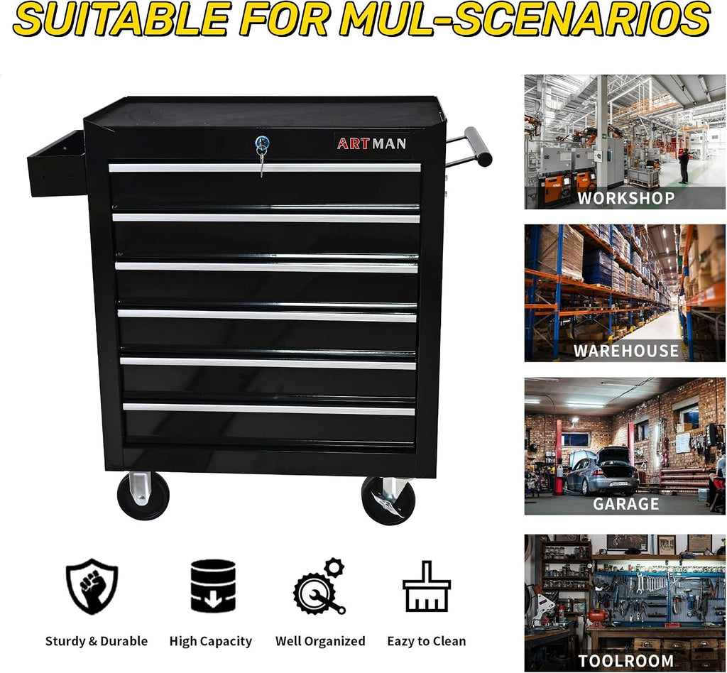 Campfun Rolling Tool Box, 6-Drawer Metal Tool Cart with Drawer Liner & Hanging Box, Storage Organizer Trolley Lockable, Multifunctional Mechanic for Home Garage Warehouse Workshop Repair Shop, Black