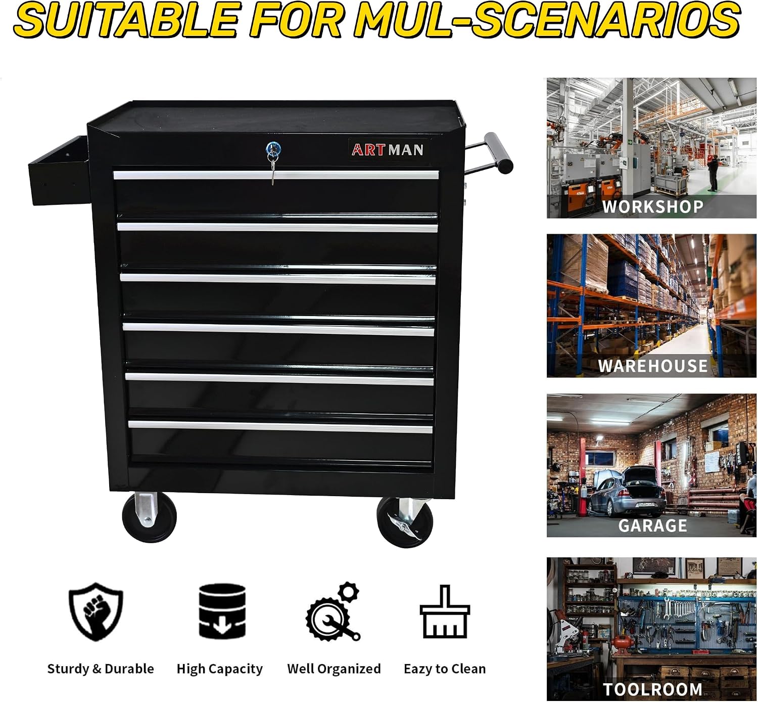 Campfun Rolling Tool Box, 6-Drawer Metal Tool Cart with Drawer Liner & Hanging Box, Storage Organizer Trolley Lockable, Multifunctional Mechanic for Home Garage Warehouse Workshop Repair Shop, Black