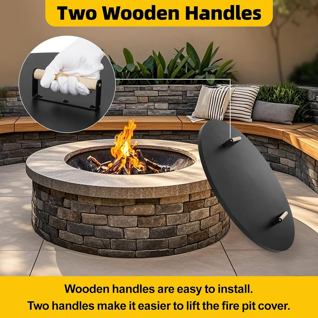 G GOOD GAIN Firepit Lid Round 38 Inch - Rust Resistant Fire Pit Lid Cover with Wooden Handle & Gloves, Fire Pit Snuffer Lid for Courtyards, Patio, Winter Cold Protection. Fits Fire Pits Up to 36'