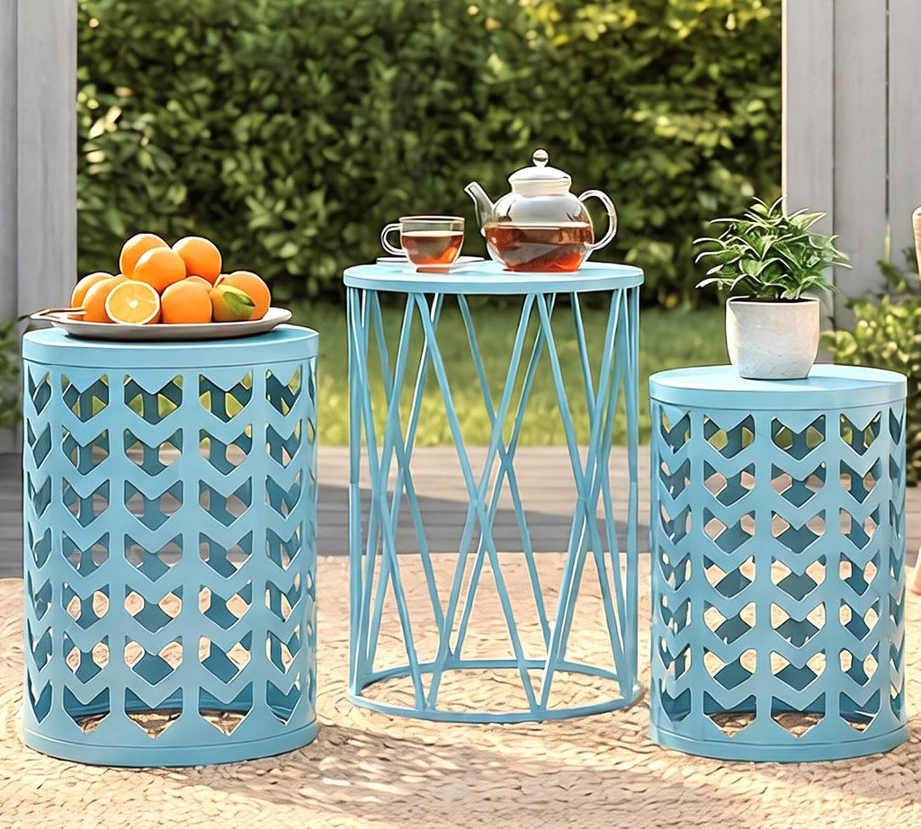 Y&M Set of 3 Round Heavy-Duty Side Table End Table, Coffee Table for Indoor Multifunctional Use, Outdoor Decorative Garden Stool Plant Stand-Light Blue