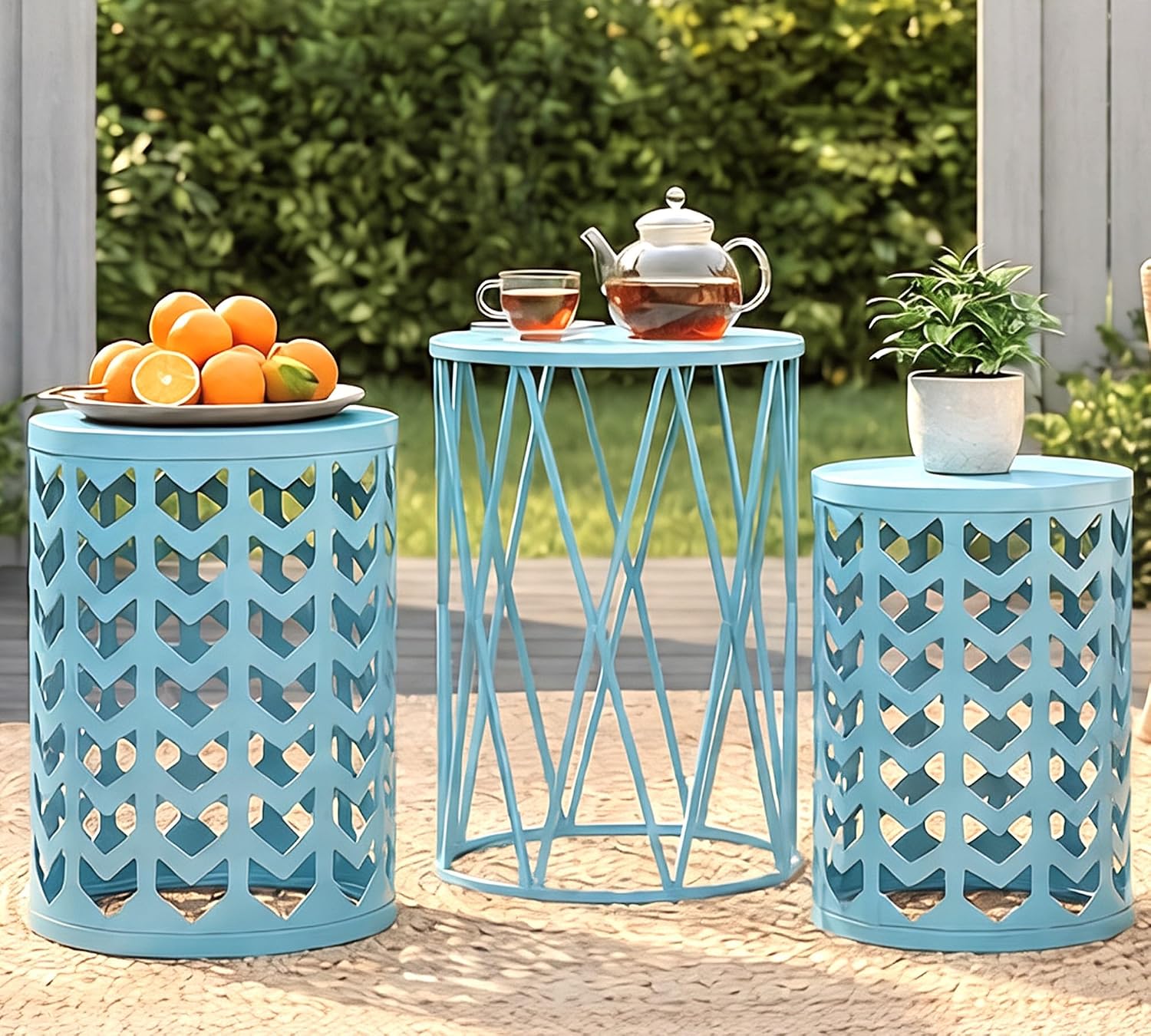 Y&M Set of 3 Round Heavy-Duty Side Table End Table, Coffee Table for Indoor Multifunctional Use, Outdoor Decorative Garden Stool Plant Stand-Light Blue