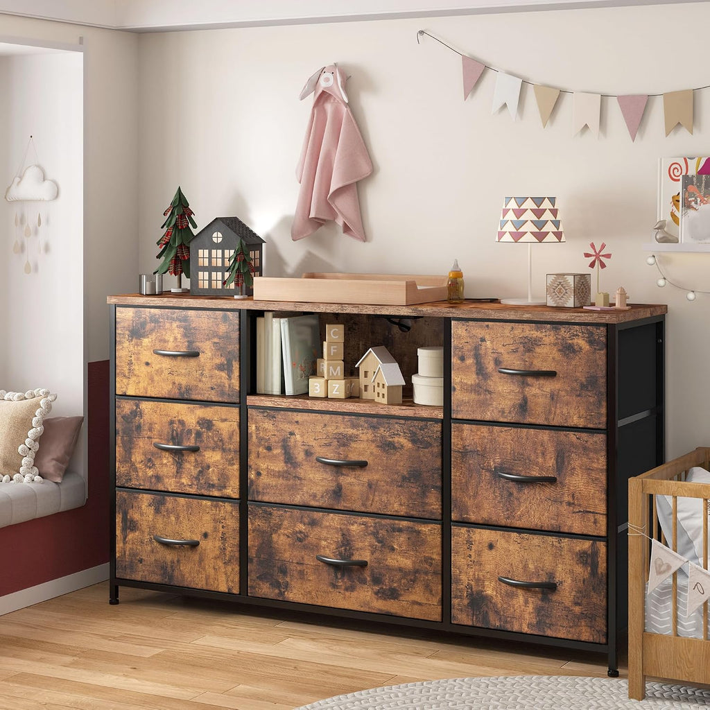Dresser for Bedroom with Charging Station, 8 Drawers Dressers & Chests of Drawers for 50 55 inch TV, Dresser TV Stand for Bedroom, Fabric Dresser with Open Shelves for Living Room Hallway, Brown