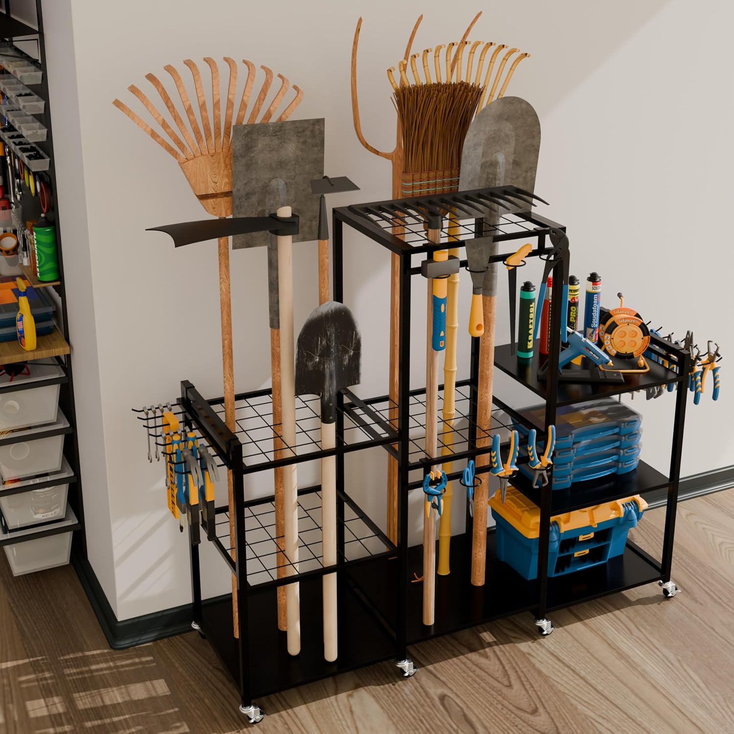 ROGMARS Garden Tool Organizer with Wheels for Garage,49' Heavy Duty 3 Tier Yard Tool Holder Storage Rack with Large Hooks for Shed/Yard/Broom/Lawn/Long-Handled Garden Cart