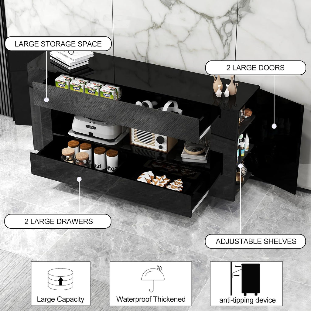 High Gloss TV Stand with 2 Large Drawers & Push-Open Doors - High Gloss Modern TV Console Storage Cabinet for Living Room, Office