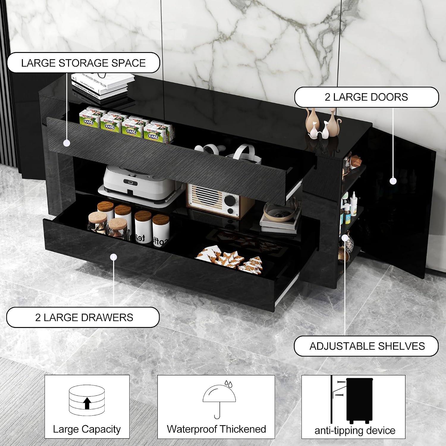 High Gloss TV Stand with 2 Large Drawers & Push-Open Doors - High Gloss Modern TV Console Storage Cabinet for Living Room, Office