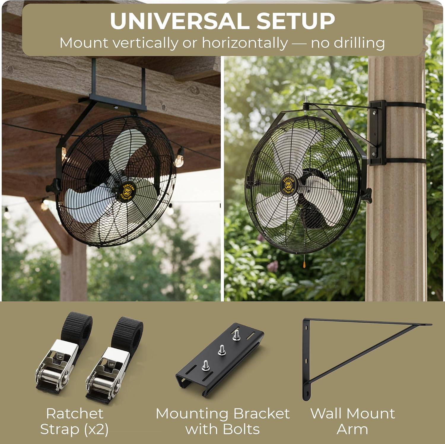 ZeboZap Walll and Pillar Mount Fan18 Inch IP44 Waterproof, 10ft Power Cord, 3 Speed, 4000CFM, Best for Commercial, Warehouse, Greenhouse, Workshop, Covered Patio, Gazebo and Factory, ETL Certified
