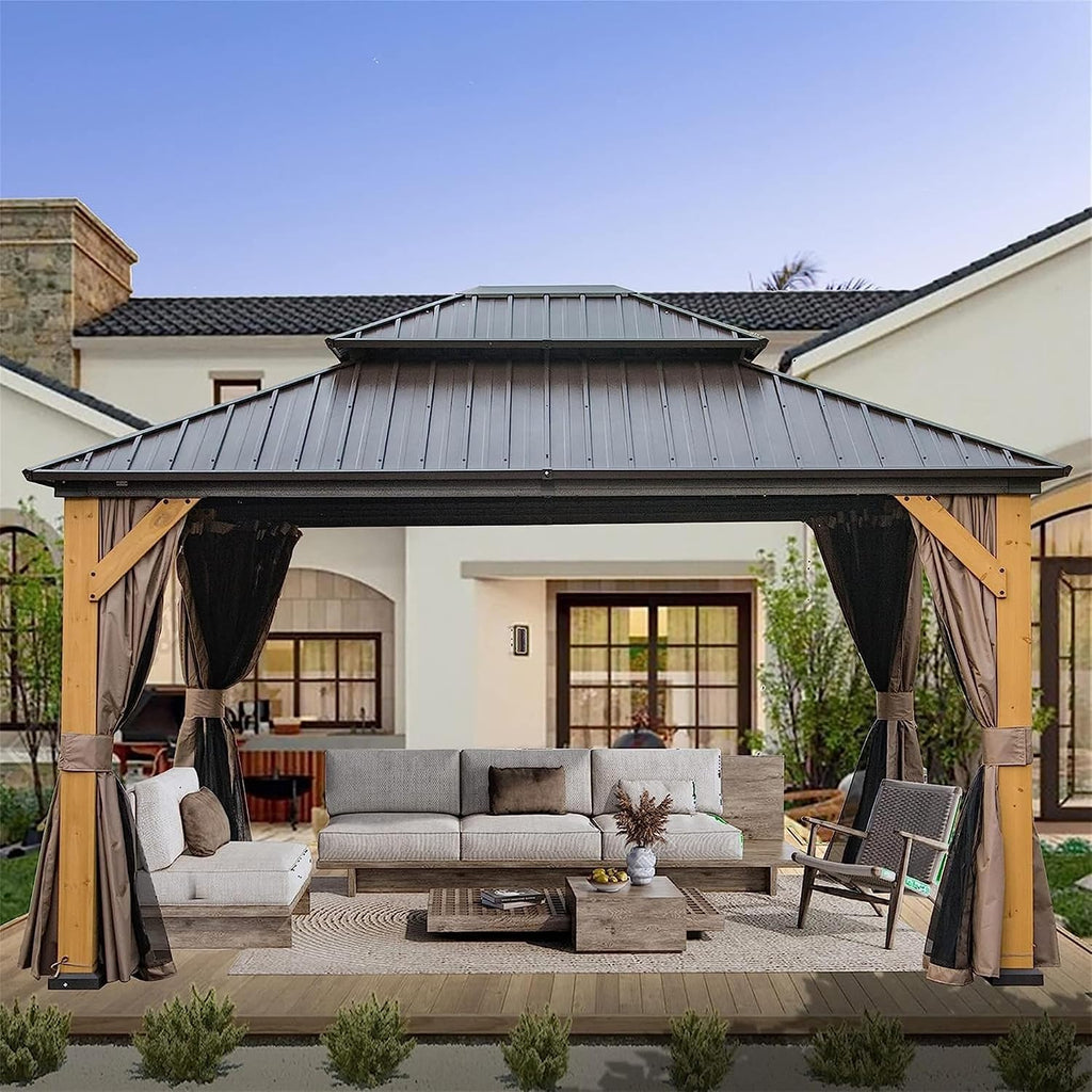 12'x14' Hardtop Gazebo with Cedar Wood Frame, Outdoor Wood Gazebo with Galvanized Steel Double Roof, Permanent Metal Roof Gazebo with Curtains and Netting for Patio, Backyard and Lawn(Brown)
