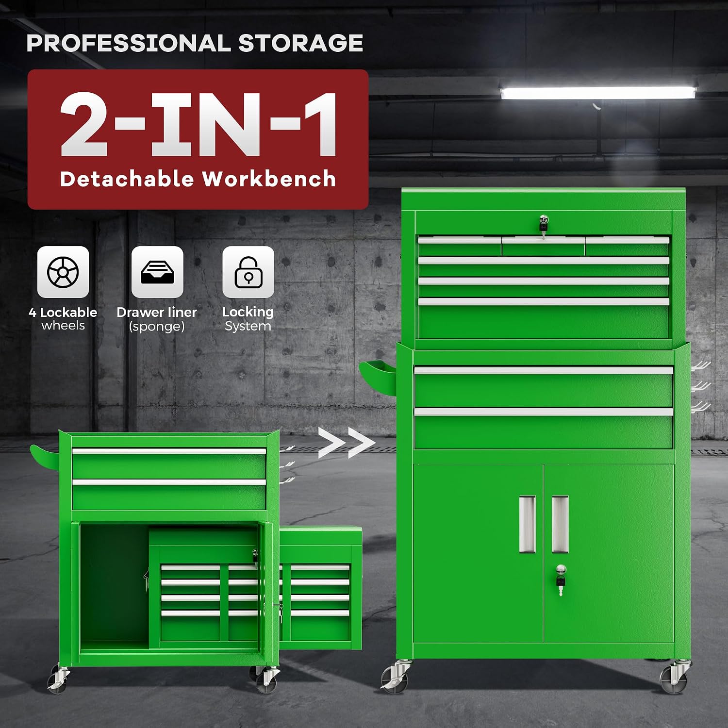 Bonusall 8 Drawer Rolling Tool Chest and Cabinet Combo,Heavy-Duty Metal Garage Tool Chest with Wheels and 2 Doors,2-in-1 Top Box and Roller Cabinet Combo for Garage, Workshop, Warehouse-Green
