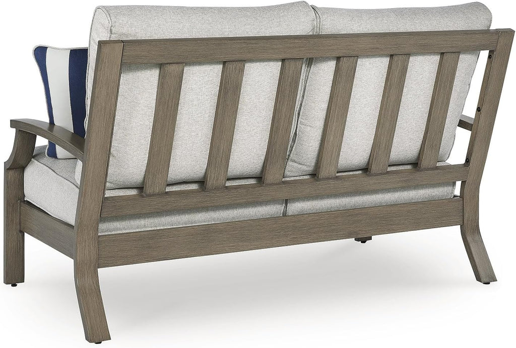 Signature Design by Ashley Rainier Ranch Casual Nuvella Weather Resistant Fabric Outdoor Loveseat with Cushion and 2 Accent Pillows, Light Brown & Light Gray