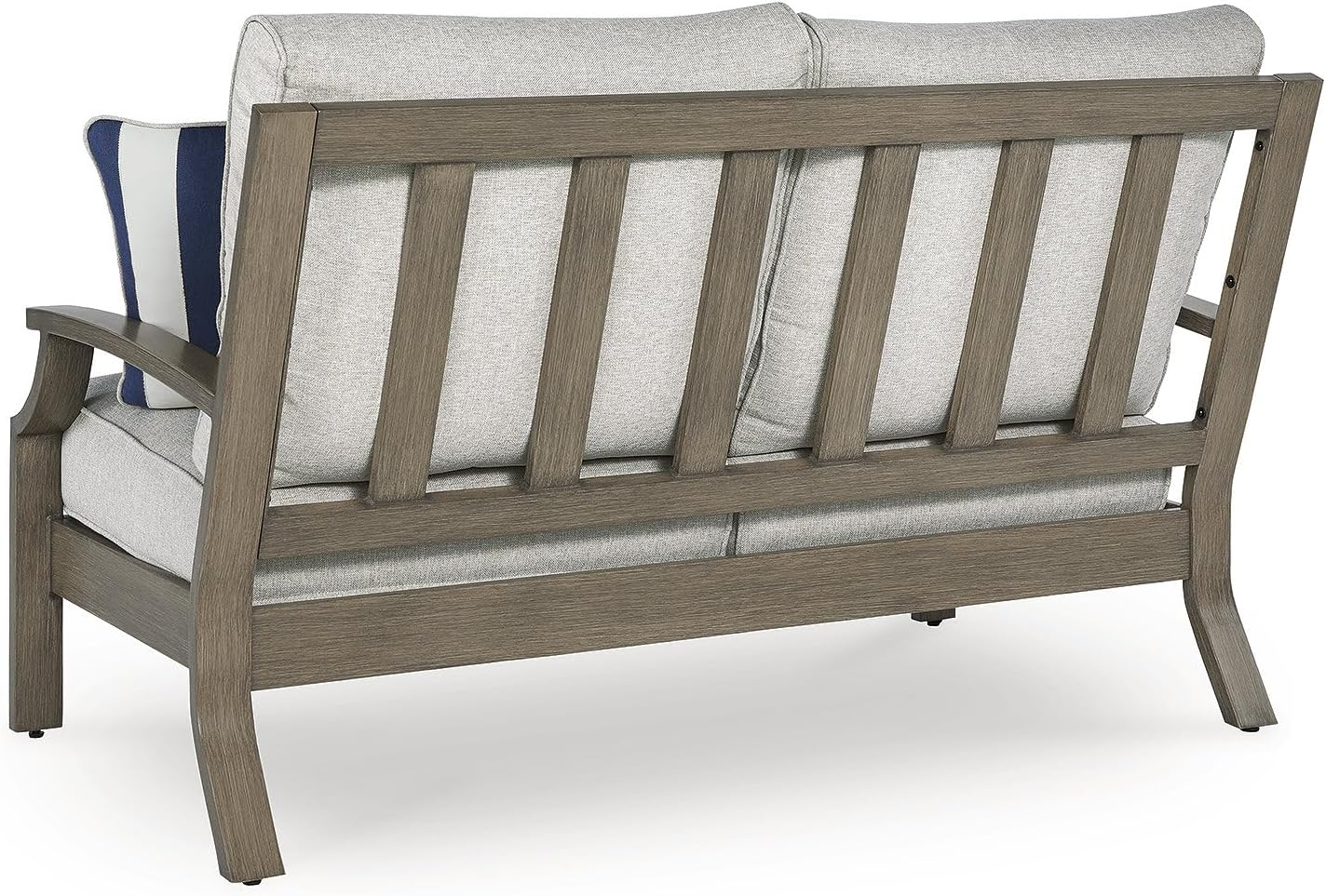 Signature Design by Ashley Rainier Ranch Casual Nuvella Weather Resistant Fabric Outdoor Loveseat with Cushion and 2 Accent Pillows, Light Brown & Light Gray