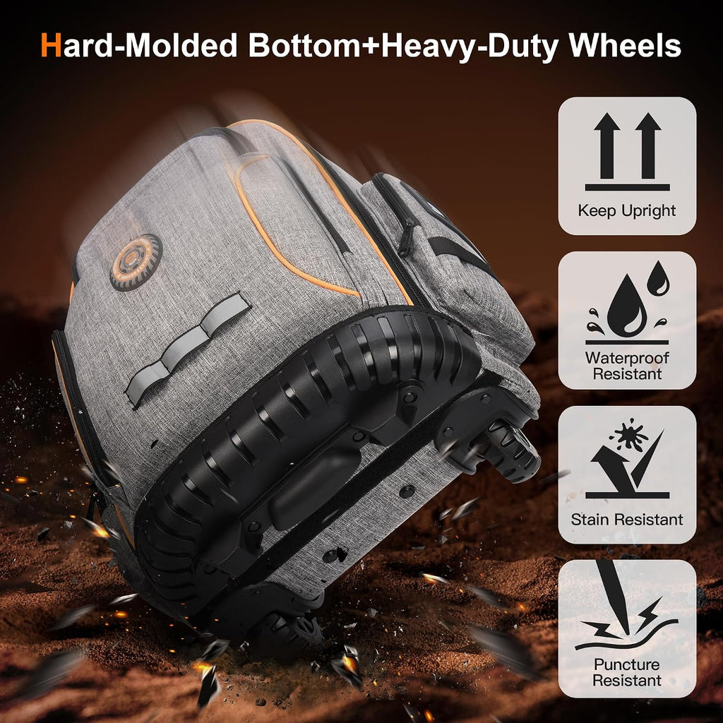 Backpack Tool Bag with Wheel, Rolling Tool Backpack for Electrician Heavy Duty Roller Tool Bag on Wheel for Construction Work, 75 Pockets & Loops Tool Backpack with Molded Base and Lock - Grey