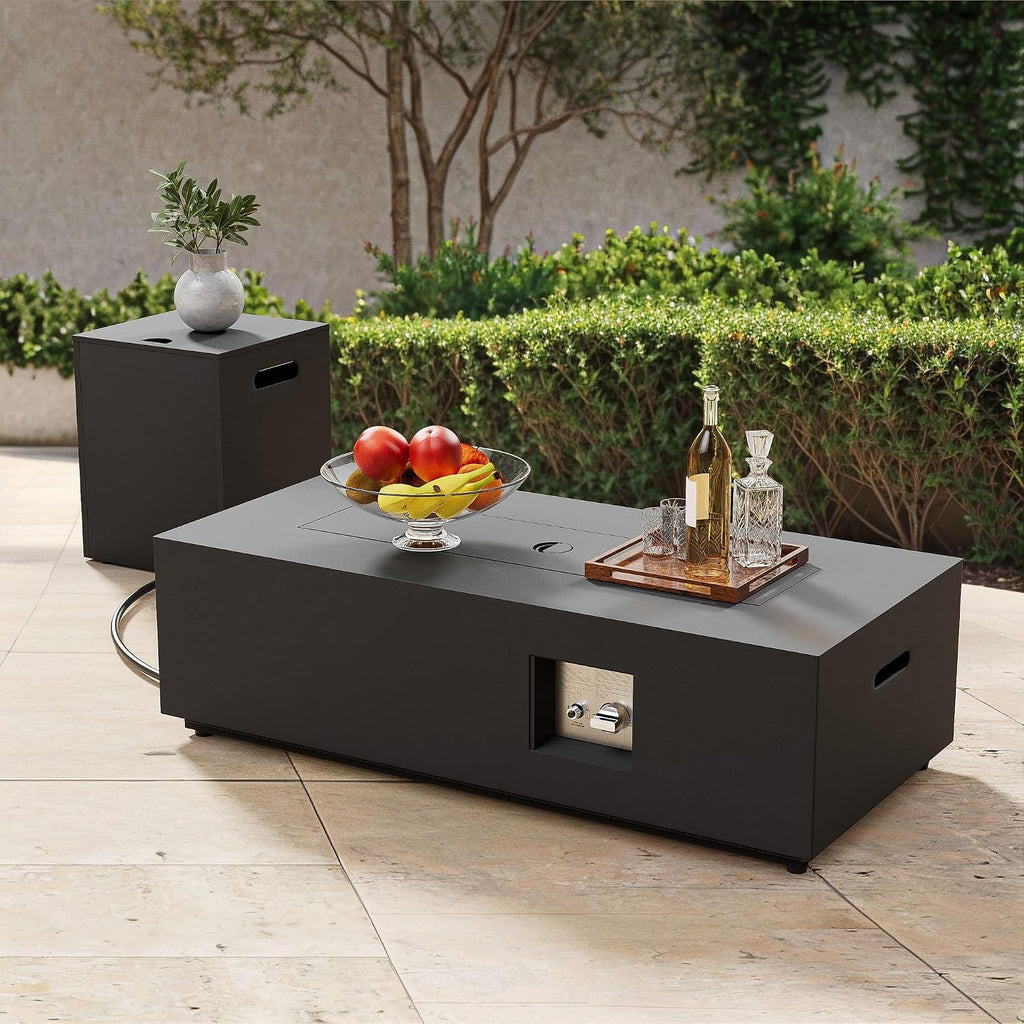 SUNPEAK 42' Rectangular Propane Fire Pit Table 50,000 BTU Fireplace Table with Wind Guard, Lid, Rocks and Cover - Fire Pits & Outdoor Fireplaces - Gas Fire Pits for Outside Patio (Black, 42')