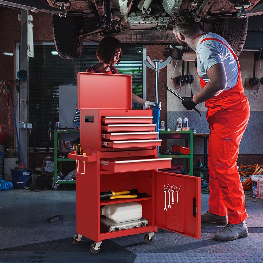 DORTALA Rolling Tool Chest Cabinet, Tool Box Organizer with 5 Sliding Drawers, Locking System, Toolbox Storage Cabinet on Wheels for Garage Workshop, Red