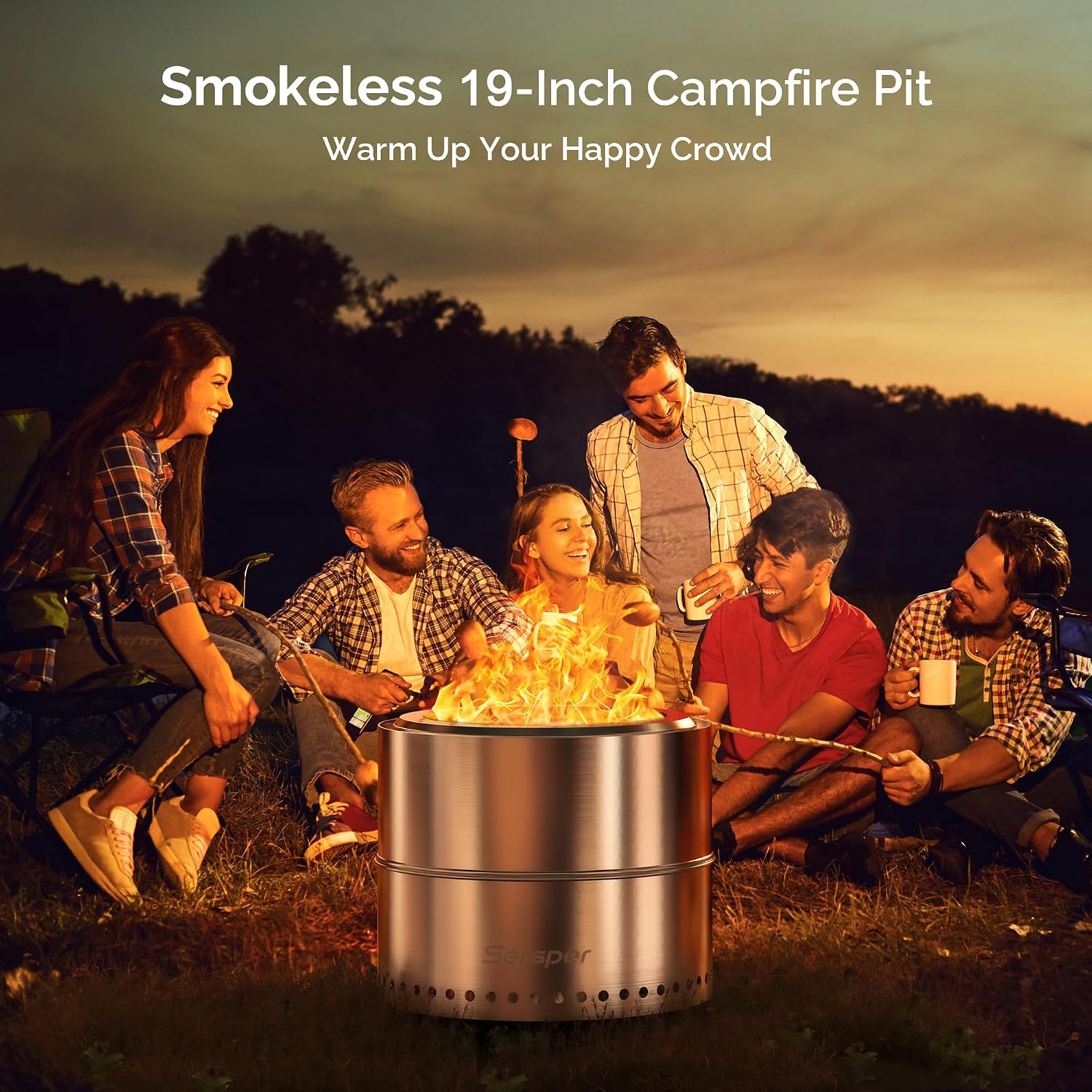 Sersper Fire Pit, 19'' Smokeless Firepit for Outdoor, Portable Wood Burning Bonfire with Removable Ash Pan, Outside Fireplace for Camping, Patio, Picnic, Backyard, Carry Bag and Iron Hook Included