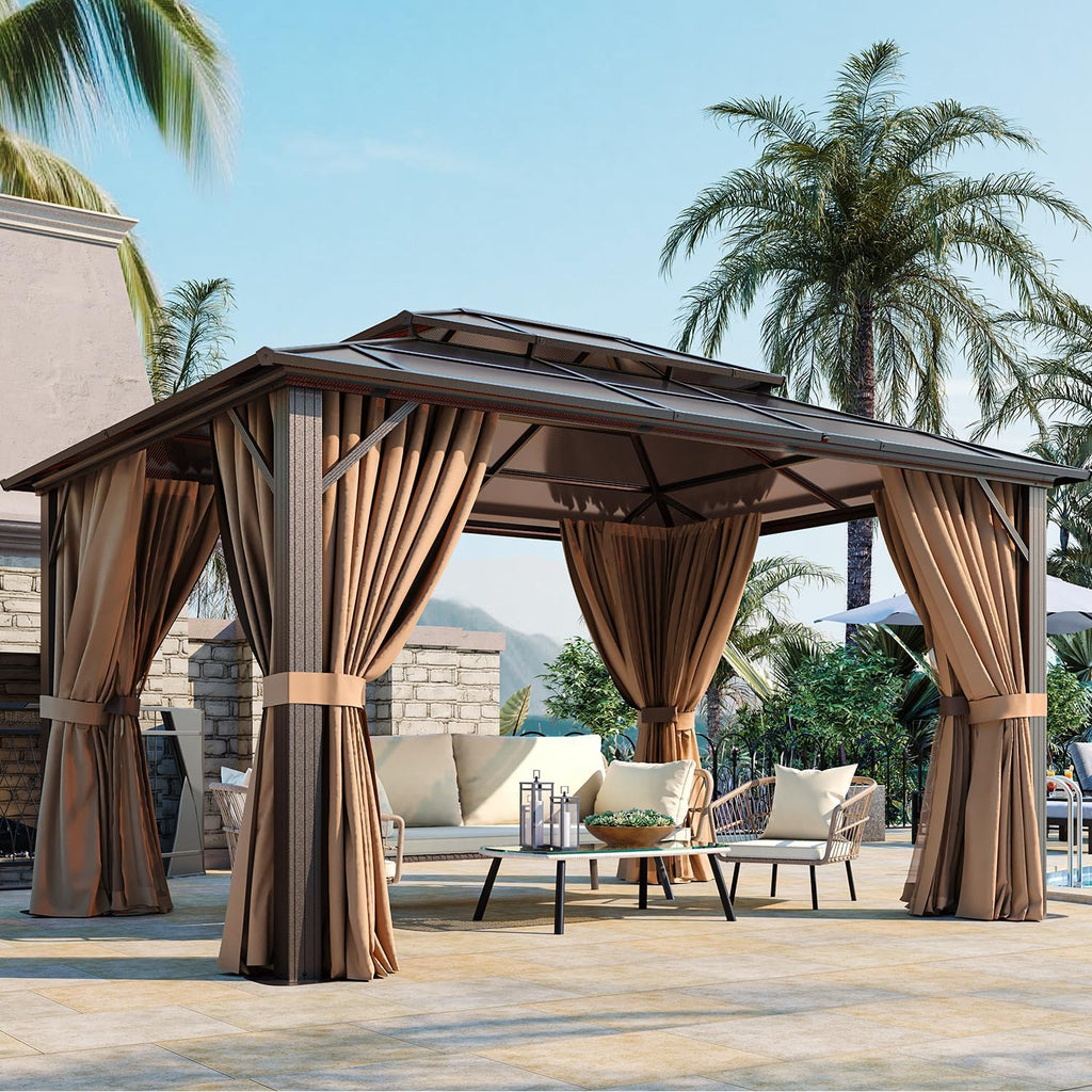 10'x13' Hardtop Gazebo, Polycarbonate Double Top Canopy, Aluminum Frame Permanent Pavilion with Curtains and Netting, Sunshade for Lawns, Patios, Gardens
