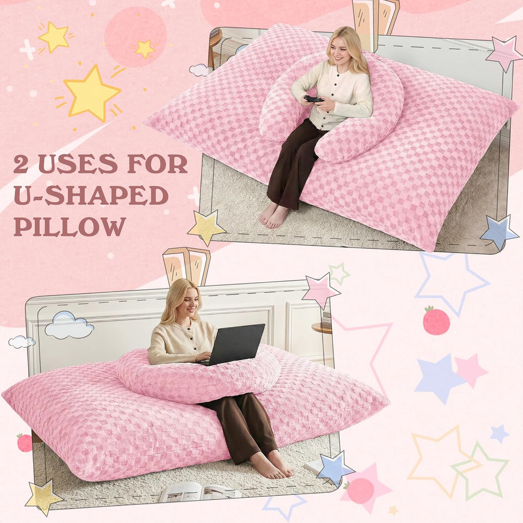 HABUTWAY 3 in 1 Bean Bag Chair with Portable U-Shaped Pillow, Giant Bean Bag with Washable Cover, Convertible Sofa Bed (Pink)