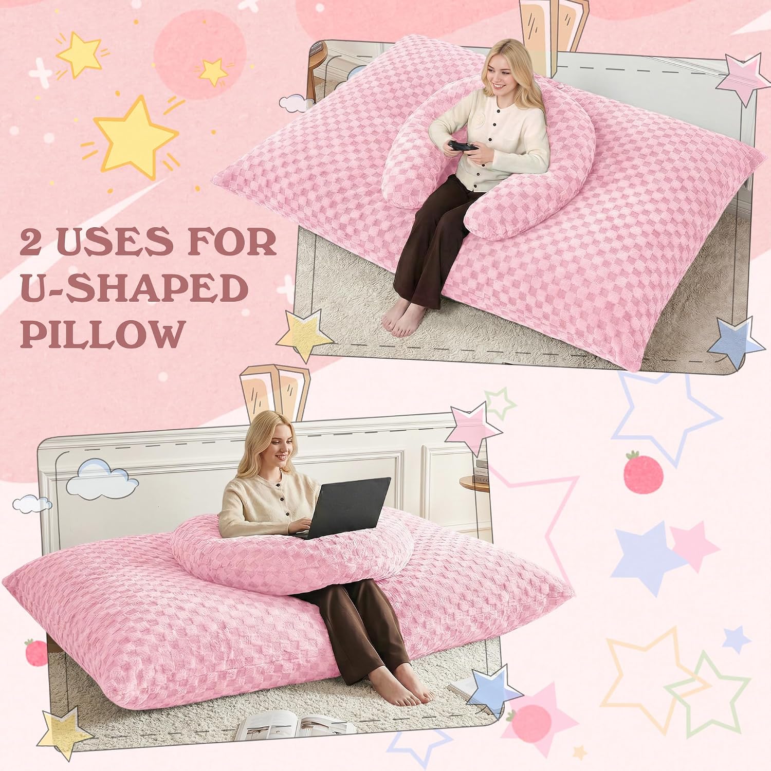 HABUTWAY 3 in 1 Bean Bag Chair with Portable U-Shaped Pillow, Giant Bean Bag with Washable Cover, Convertible Sofa Bed (Pink)