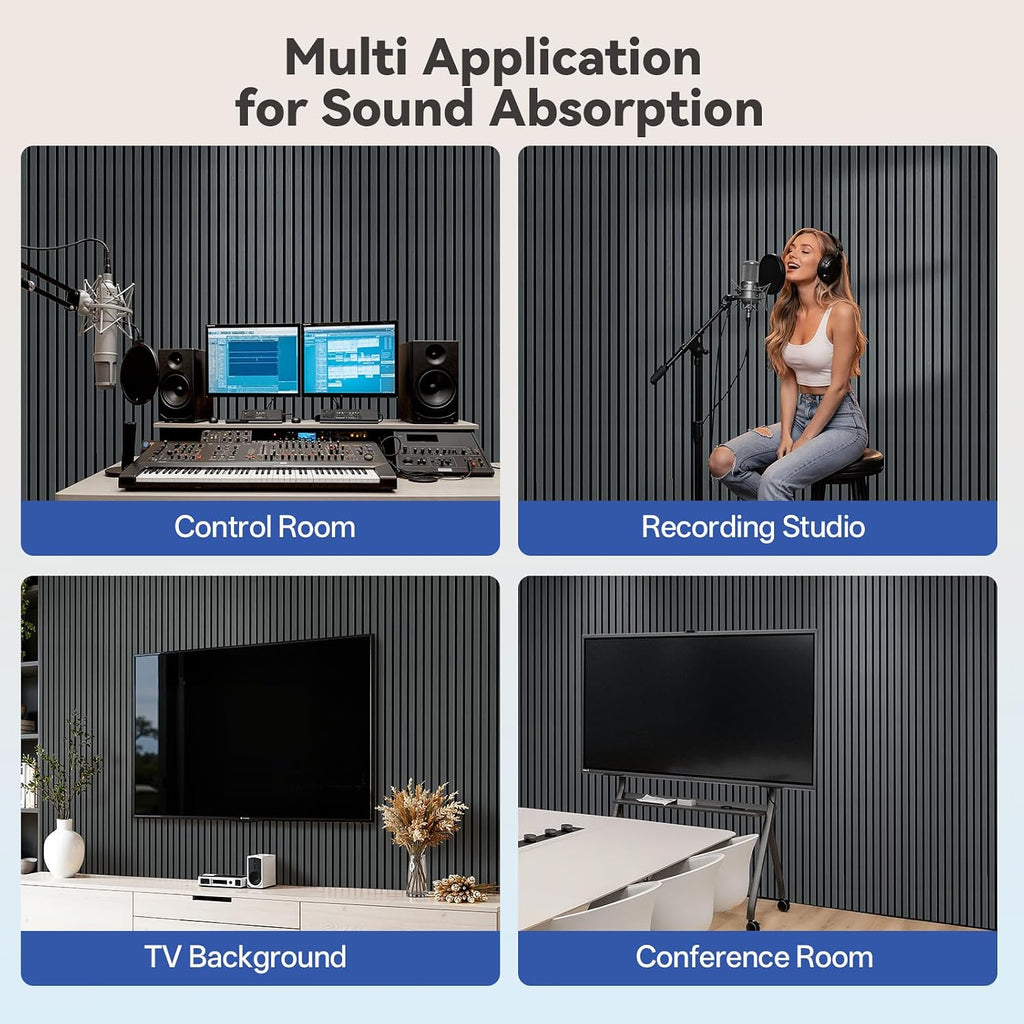 PIWA Wood Acoustic Slat Panels,94 x 24 in,2-Pack-12mm MDF Surface with 9mm Sound-Absorbing Core-Dual-Layer Acoustic Wall Panels for Echo Reduction in Home Studio,Office & Living Room-Matte Black