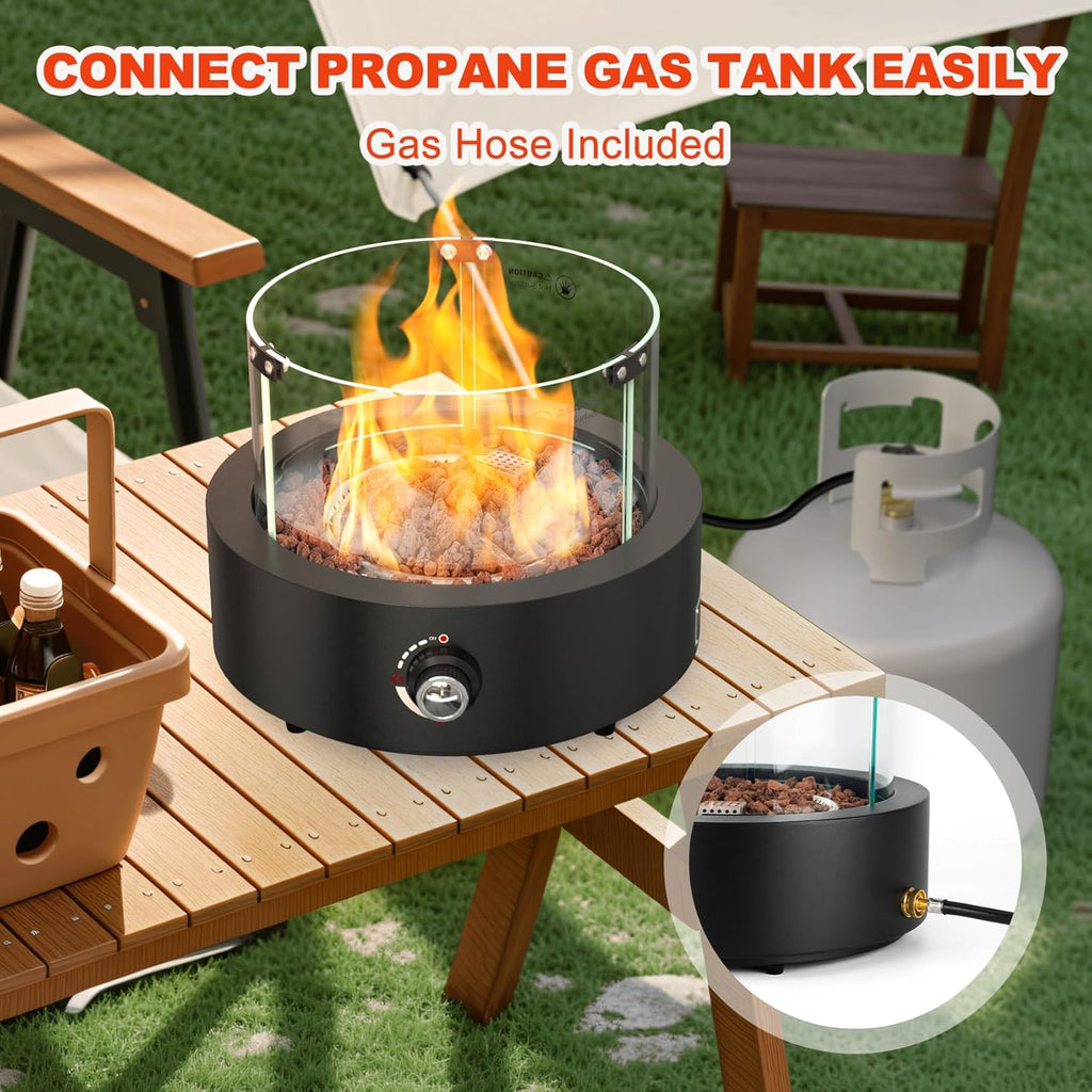 15.7' Portable Propane Gas Fire Pit Side-Mounted, Modern Tabletop Fireplace Smokeless Firepit with Glass Wind Guard for Patio Camping RV Tailgating, 23000BTU, Round FP038