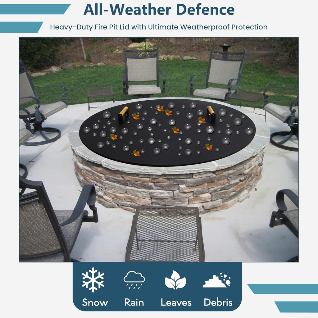 Round Fire Pit Lid - 38 inch fire Pit lid Metal W/Wooden Handles Fit for Bonfire Pits or Propane FirePit Fire Tables, Weather Resistant Outdoor Firepit & Smokeless FirePit Snuffer Lid Cover as Table