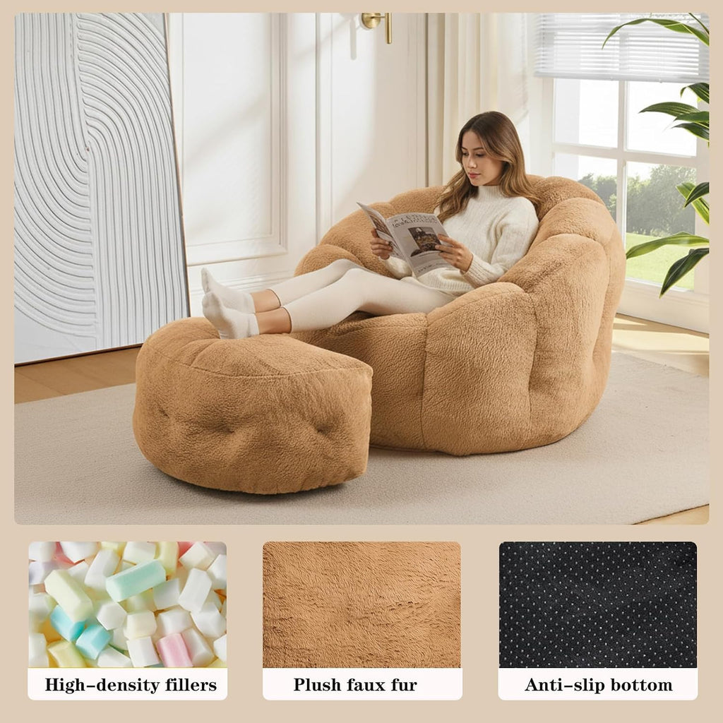 Bean Bag Chair with Ottoman, Flower Shape Bean Bag Chairs for Adults and Teens, Comfy Plush Faux Fur Bean Bags for Living Room, Bedroom, Apartment, Dorm, Brown