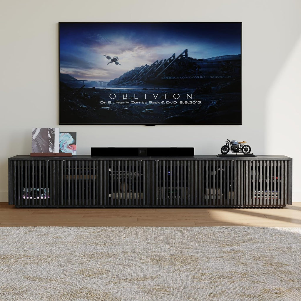 POVISON Full Assembled Mid Century Modern TV Stand, 95'' Wood Slatted TV Media Console for 85+ inch TV, Entertainment Center with Storage for Living Room Bedroom
