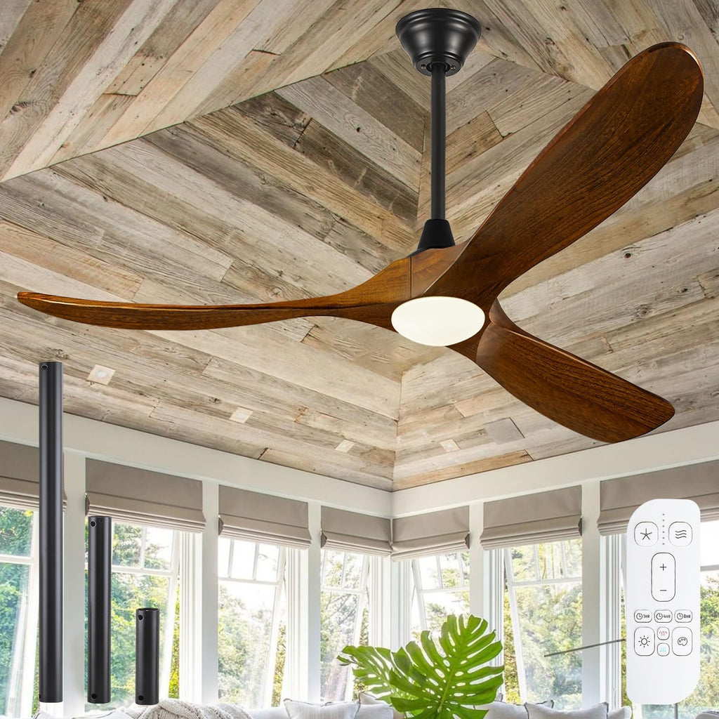 70 Inch Outdoor Ceiling Fan with Lights and Remote, 3 Solid Wood Blades, High CFM Quiet Reversible DC Motor, Rustic Farmhouse Style, for Large Living Room, Patio, Porch & Commercial Spaces