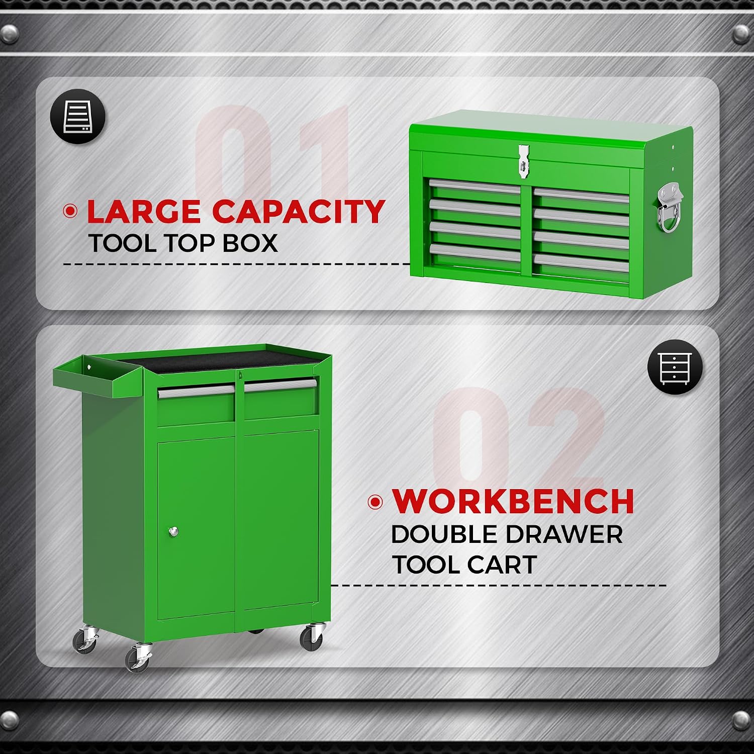 5-Drawer Rolling Tool Chest - Heavy-Duty Steel Tool Cabinet with Detachable Top Box, Locking Wheels & Security System for Garage/Workshop, 2-in-1 Design (Green)