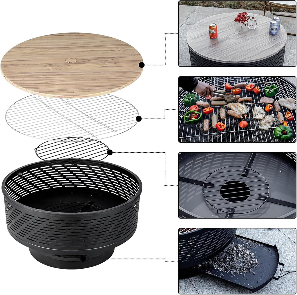 OutVue 32' Wood Burning Fire Pits with Grill & Lid, Fire Pit Table for Outside with Waterproof Cover & Fire Poker, Outdoor Firepit with Functions for BBQ,Table and Bonfire