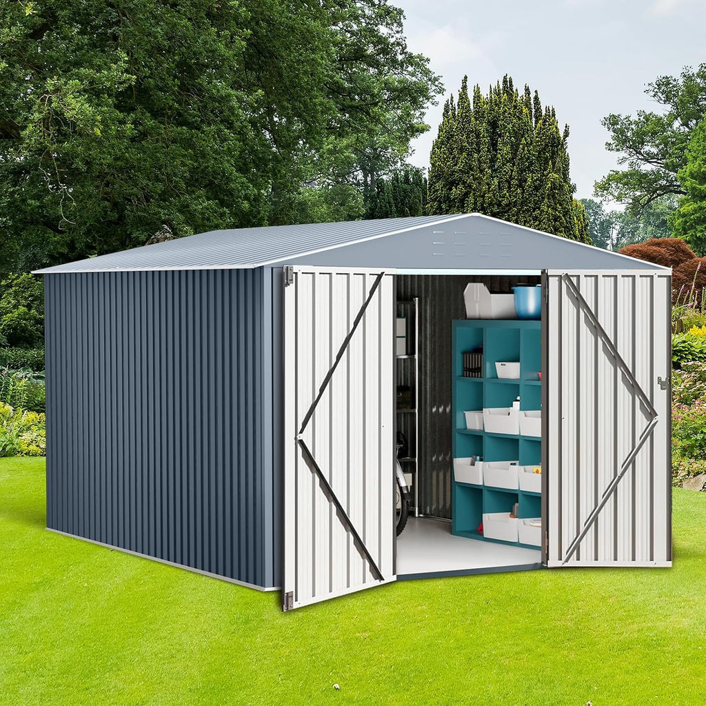10X12x8 FT Outdoor Steel Storage Shed with Lockable Doors, Garden Sheds with Weather-Resistant and Moisture-Resistant, Ideal for Patio Lawn Backyard Outside Use, Gray