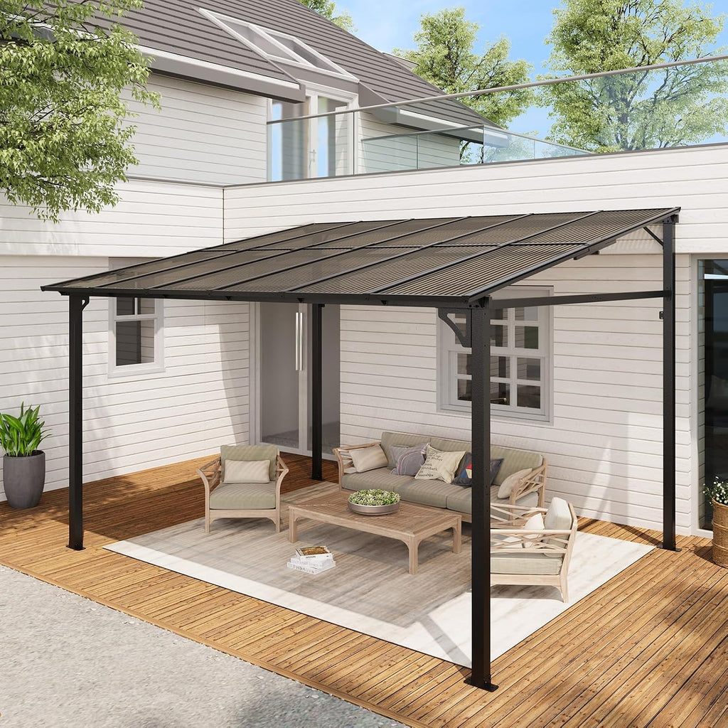 10 Ft x 12 Ft Lean to Gazebo - Hardtop Gazebo Wall Pergola with Polycarbonate Roof, Aluminum Frame Mounted for Lawn, Patio, Deck & Party
