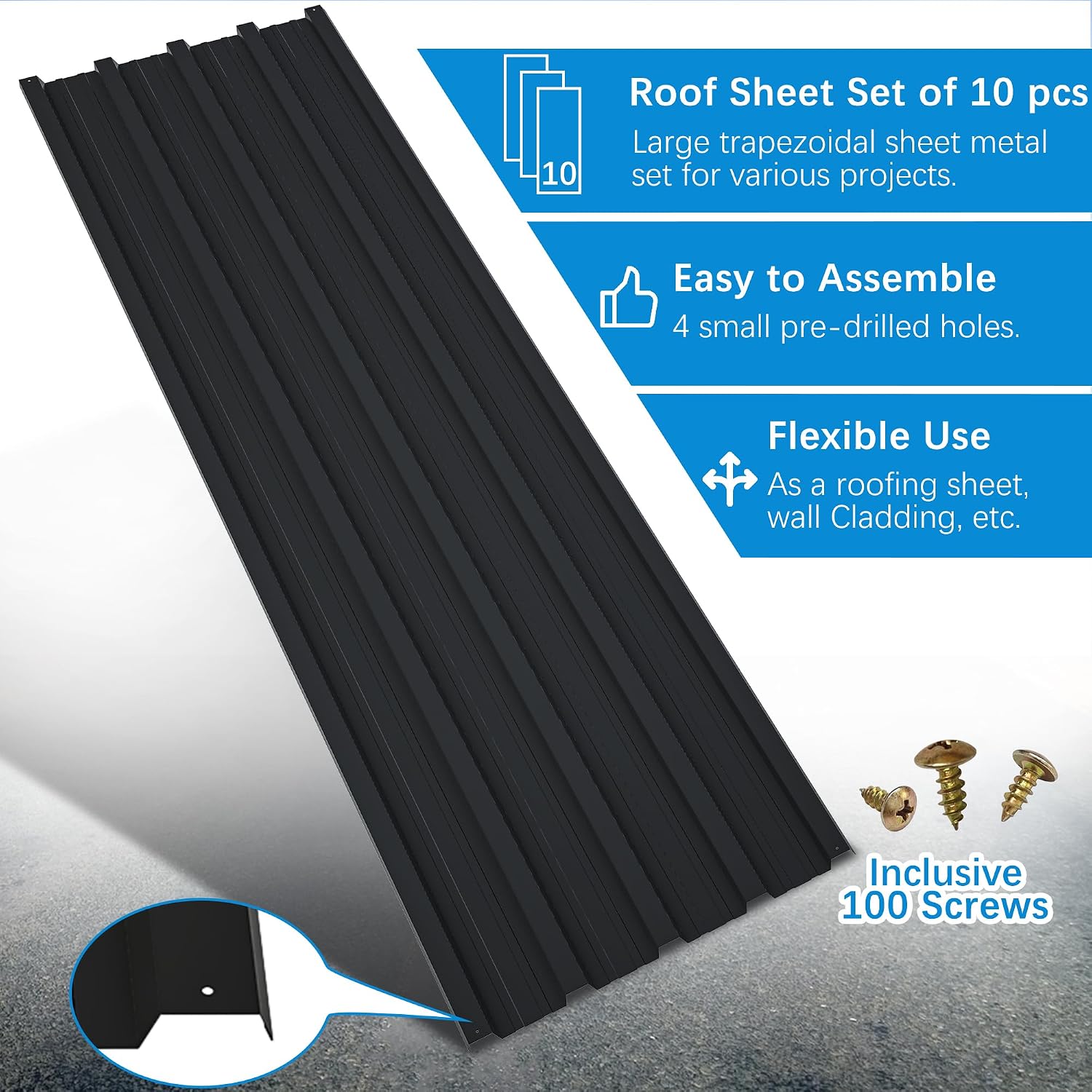 Metal Roof Panels 10Pcs Roofing Panels Galvanized Steel with Screw Resistant,Versatile and Durable Suitable for Garages,Sheds, Stables and Mobile Homes Black 70 sq.ft