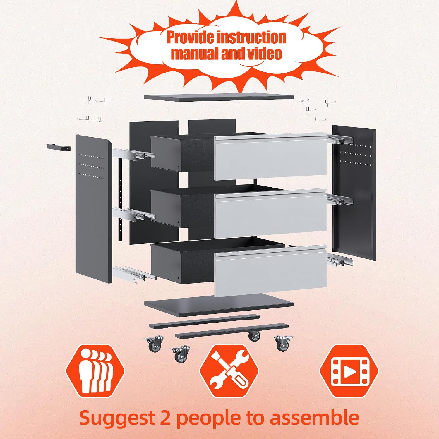 Aobabo Metal Garage Storage Cabinet with Wheels, 3-Drawer Rolling Tool Chest with Lockable Casters and Pegboards for Workshop Office, 35.43' H x 30.31' W x 18.11' D, Assembly Required, Black/Gray