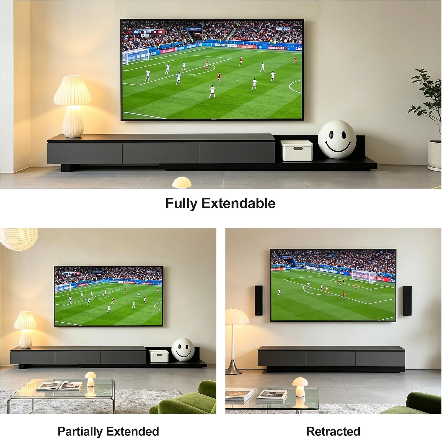Telescoping TV Cabinet, 70.9 to 110.2 Inch Entertainment Center, Fits 85 Inch TV with 3 Drawer Media Cabinet, Gray + Matte Black, Modern Living Room Bedroom Organizer