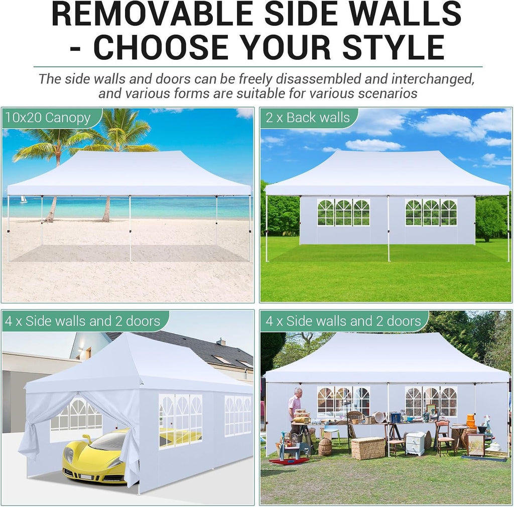 COBIZI 10x20 Pop Up Canopy with 4 Sidewalls, Conical Party Tent 10x20 with 3 Adjustable Height Waterproof, UV-Resistant with Carry Bag, Sandbag, Stake, Ropes for Parties, Commercial (Frame Upgraded)