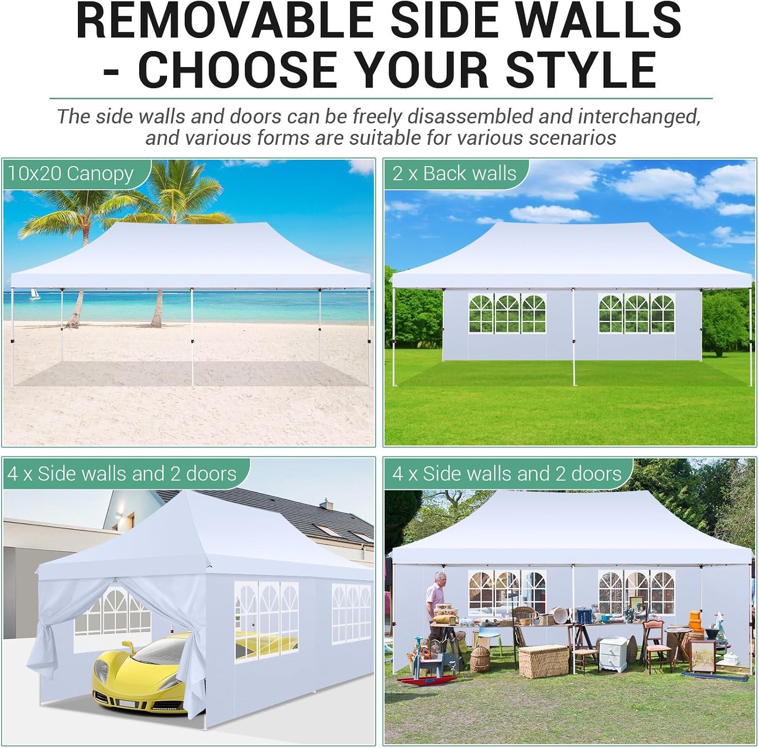 COBIZI 10x20 Pop Up Canopy with 4 Sidewalls, Conical Party Tent 10x20 with 3 Adjustable Height Waterproof, UV-Resistant with Carry Bag, Sandbag, Stake, Ropes for Parties, Commercial (Frame Upgraded)