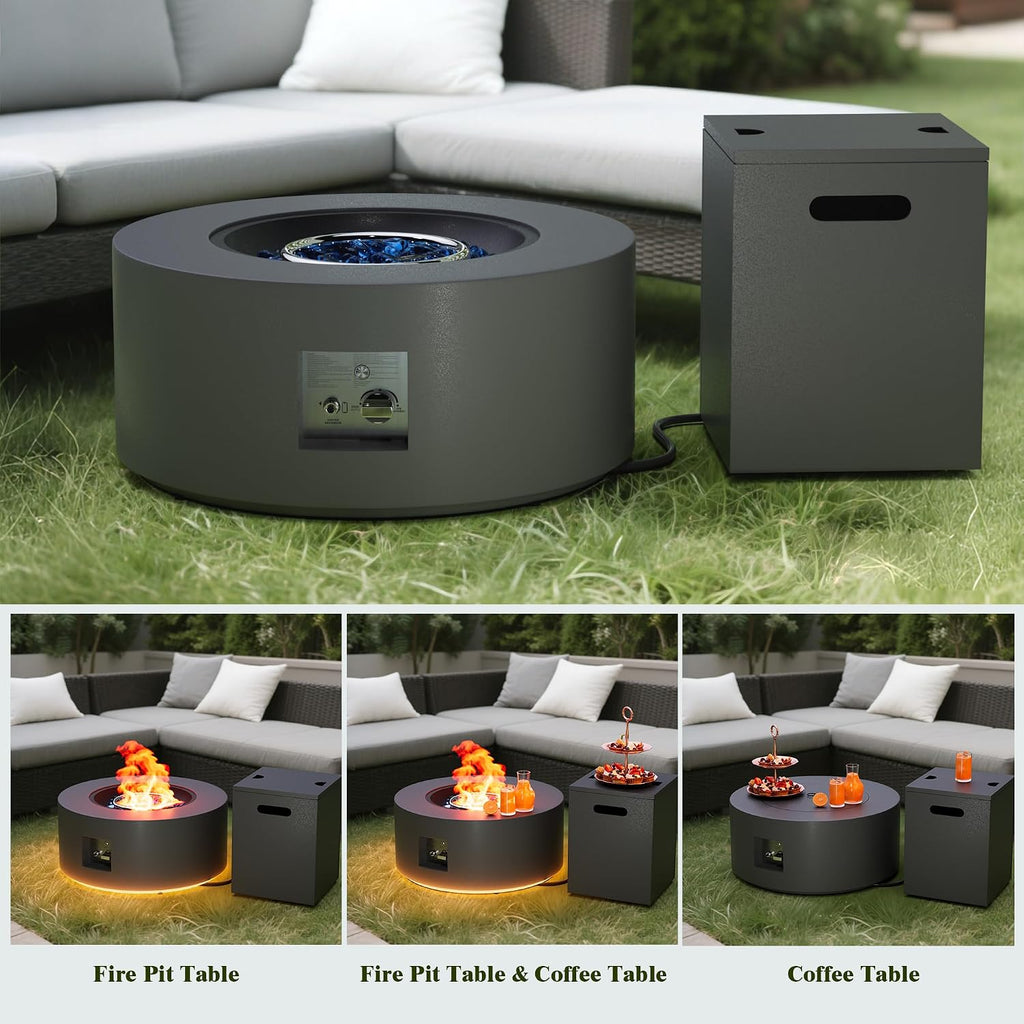 2-Piece 30' LED Round Propane Fire Pit for Outside Patio with Hidden Tank Table, 50,000 BTU Fireplaces with Lid, Glass Rocks, Cover(Dark Grey w/Golden Light)