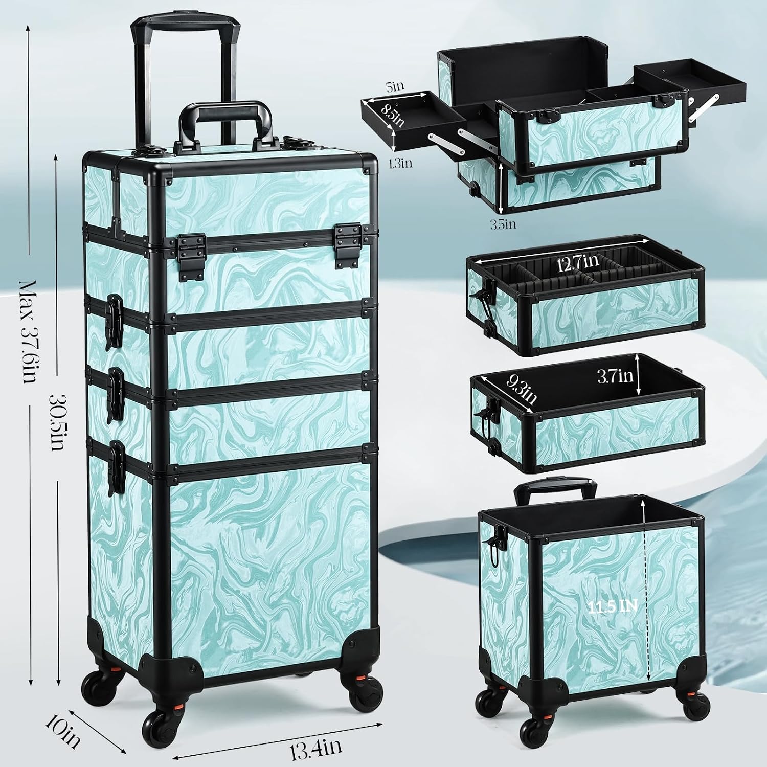 Yueieoun Rolling Makeup Case, 4 in 1 Makeup Case on Wheels, Professional Makeup Trolley, Cosmetic Train Case Makeup Cart Travel Trolley with Key for MUA, Hairstylists, Nail Tech, Turquoise Vitality